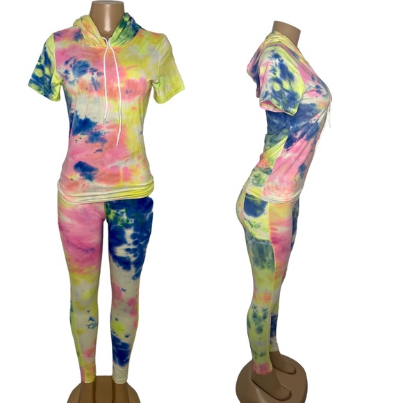 Women's 2 Piece Outfits Size S Multicolor Tie Dye Hoodie T-Shirt and legging Set - Picture 1 of 8